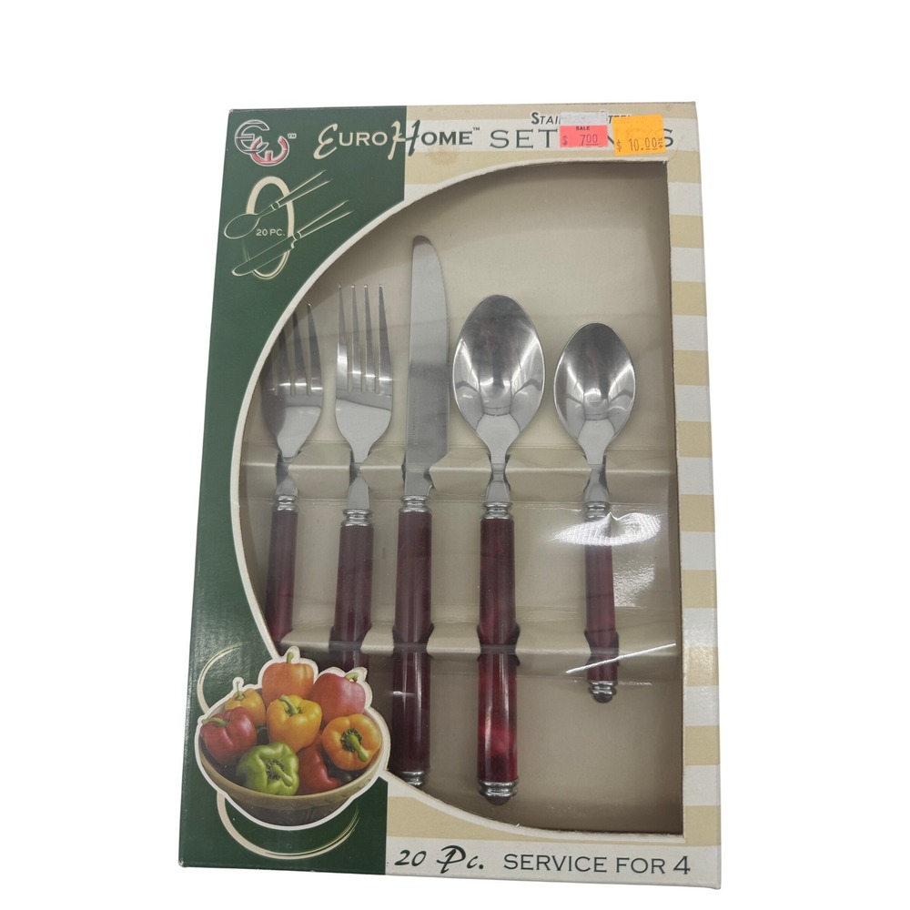 Vintage EuroHome 20 Pc Flatware Service for 4 Marbled Burgundy Stainless Steel